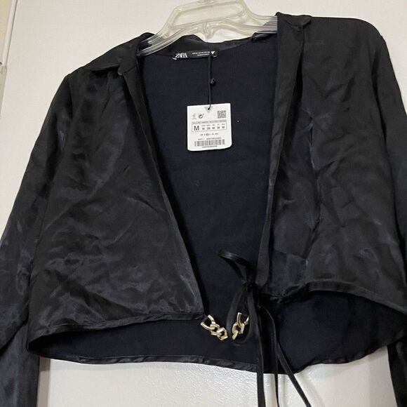 NWT! ZARA satin neck long sleeve plunge wrap blouse gold chain detail medium - Picture 2 of 6